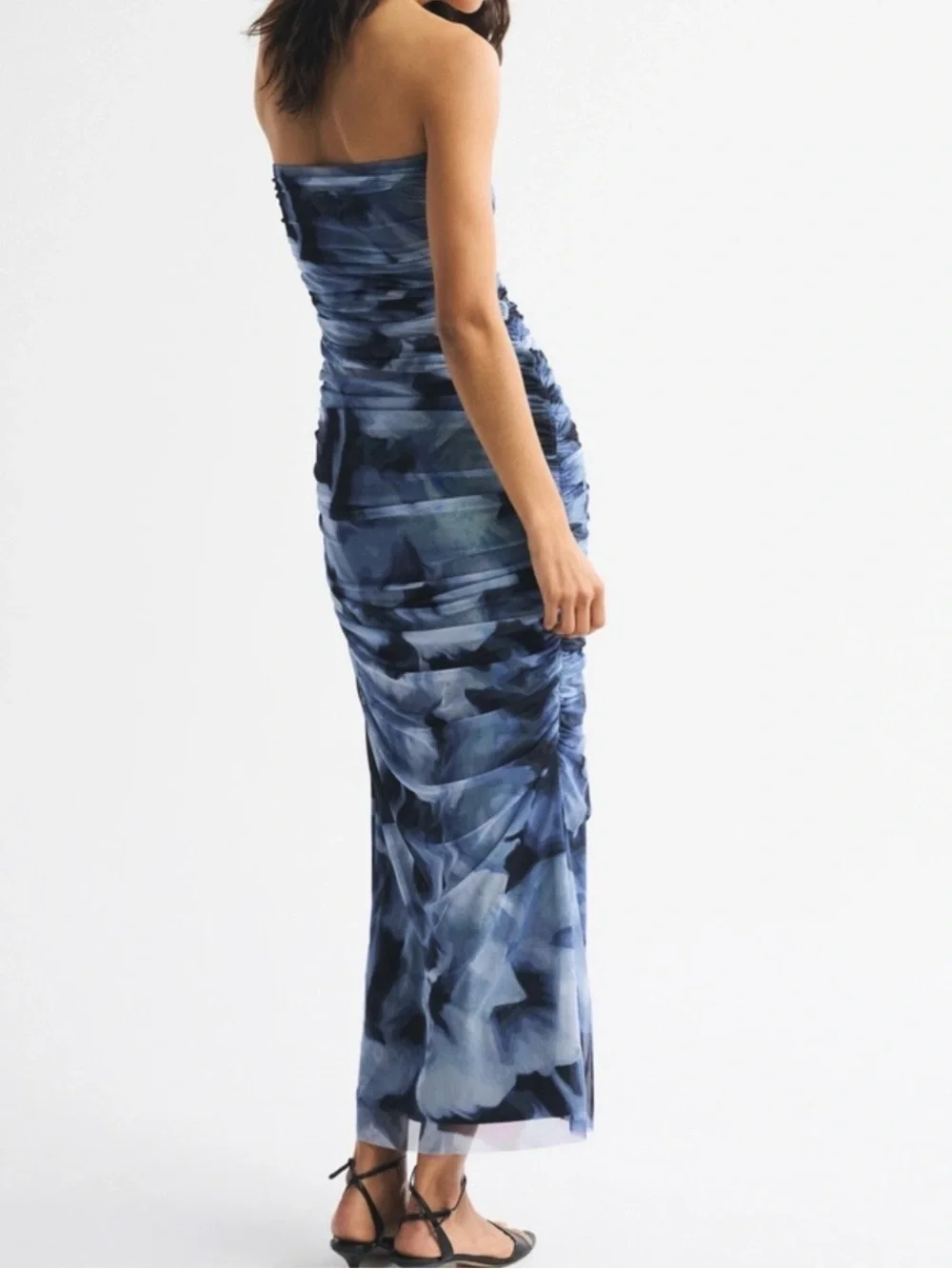 Abercrombie & Fitch Strapless Ruched Mesh Maxi Dress Small Blue Pattern